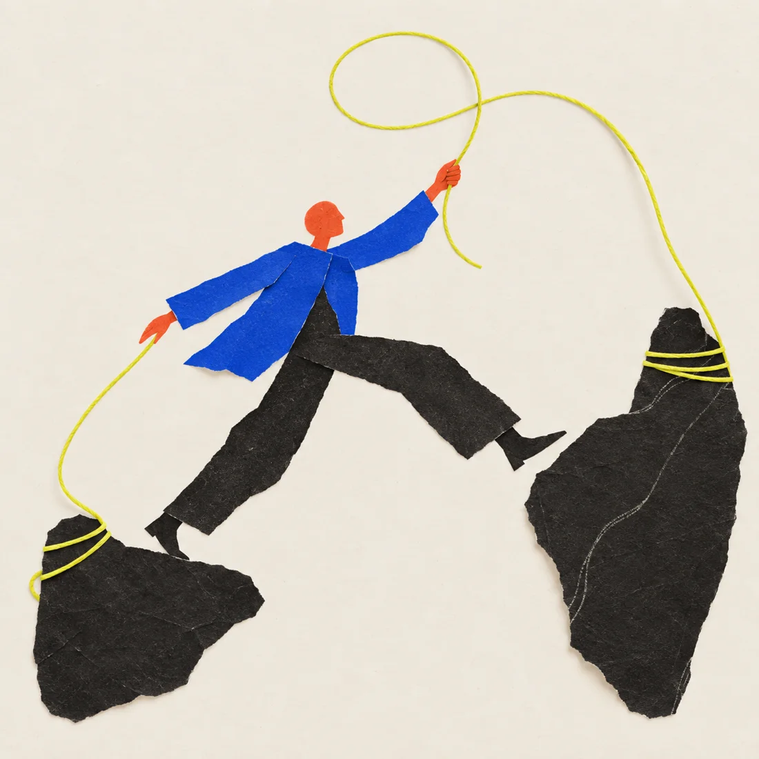 Ilustração em papel recortado de uma figura dando um passo entre duas superfícies, conectadas por uma linha.